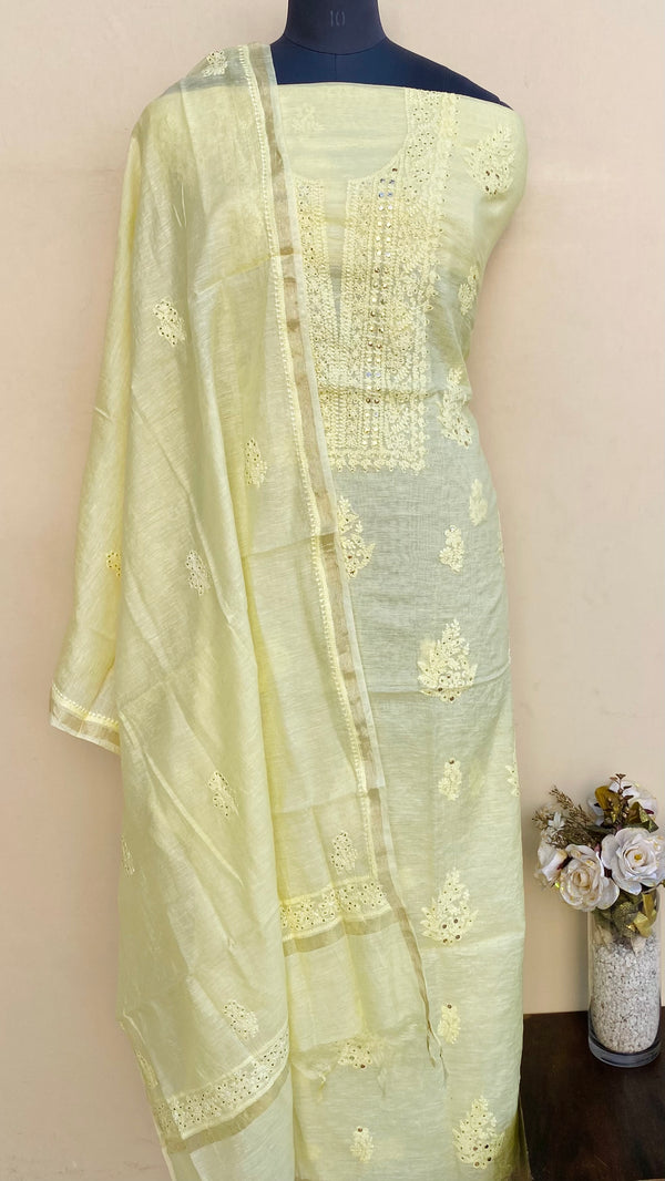 Lucknowi Chikankari Suit Length 2 Piece  Yellow Mal Chanderi With Mukaish Work