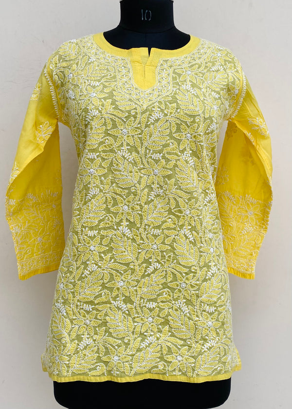 Lucknowi Chikankari Short Kurti Yellow Cotton