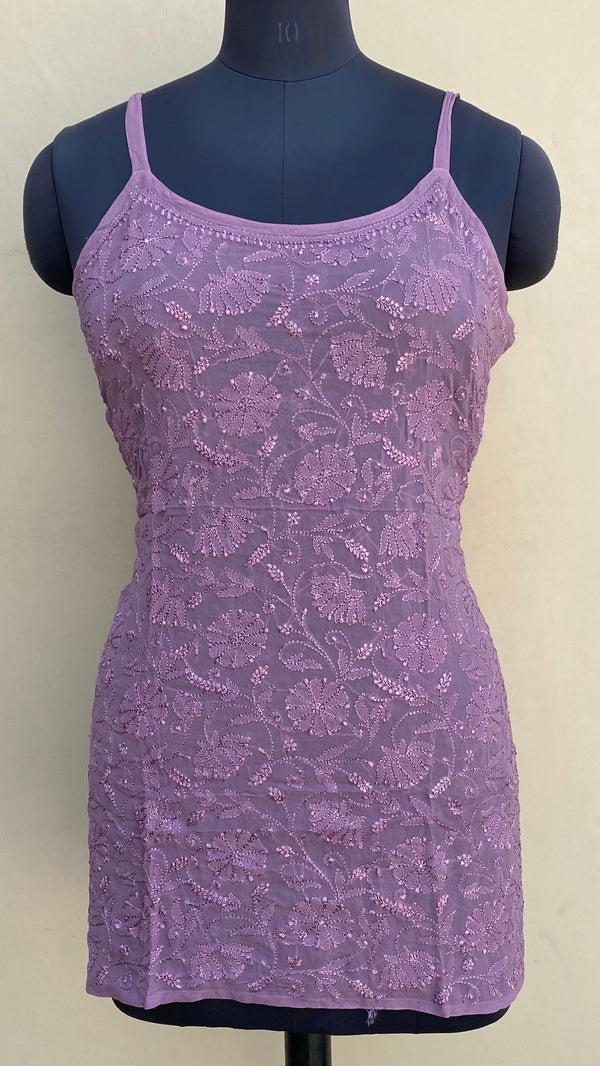 Lucknowi Chikankari Noodle Strap Short Kurti Purple Pure Georgette With Resham Work