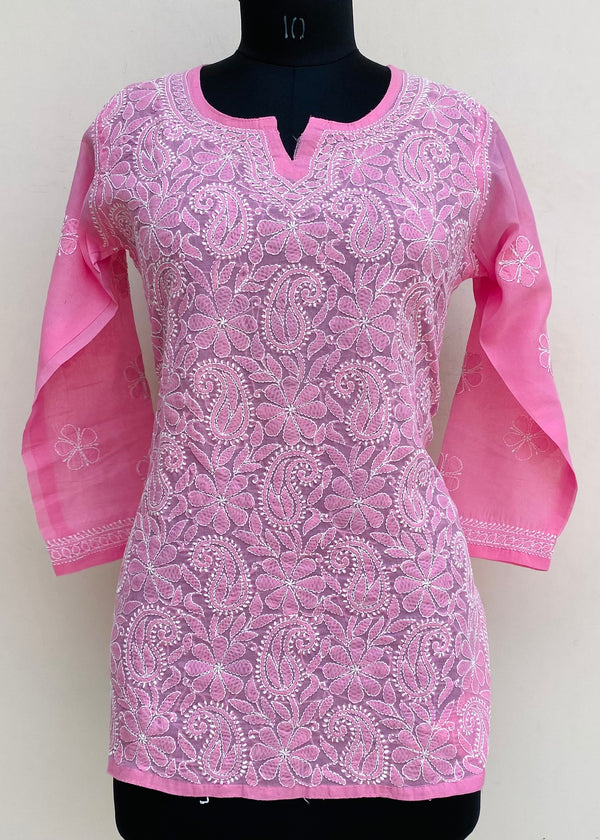 Lucknowi Chikankari Short Kurti Pink Cotton