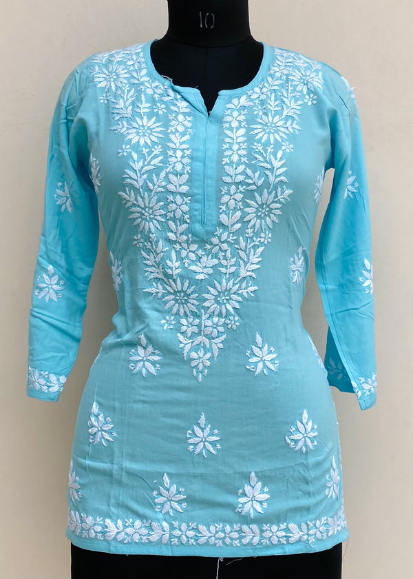 Lucknowi Chikankari Short Kurti Blue Modal Cotton