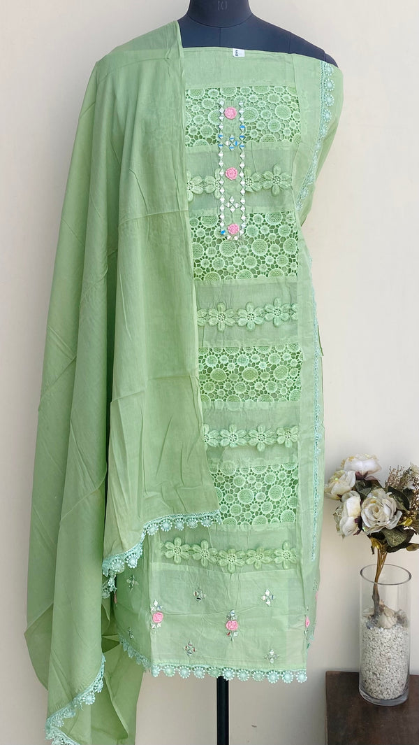 Designer Embroidered Suit Length 3 Piece Teal Green Organza With Sequence & Mirror Work