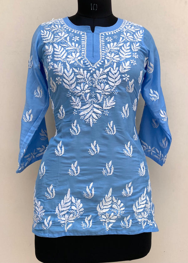 Lucknowi Chikankari Short Kurti Blue Muslin Cotton