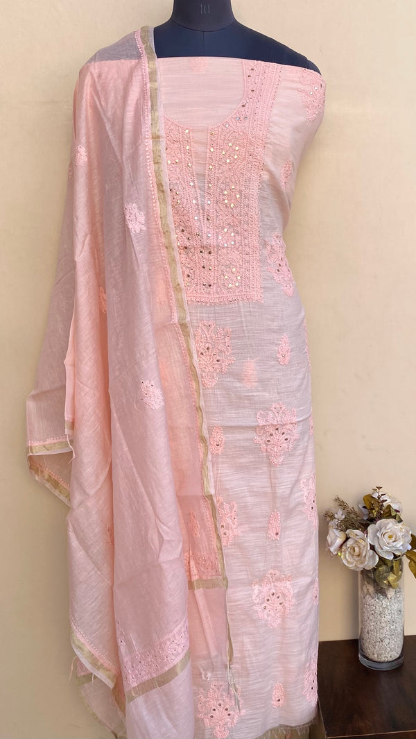 Lucknowi Chikankari Suit Length 2 Piece Peach Mal Chanderi With Mukaish Work