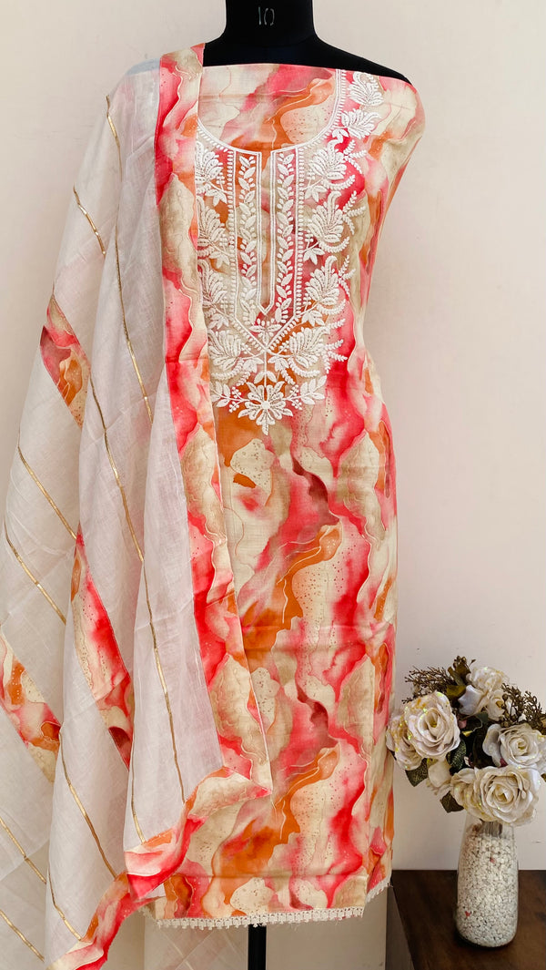 Designer Embroidered Suit Length 3 Piece Orange Mal Cotton