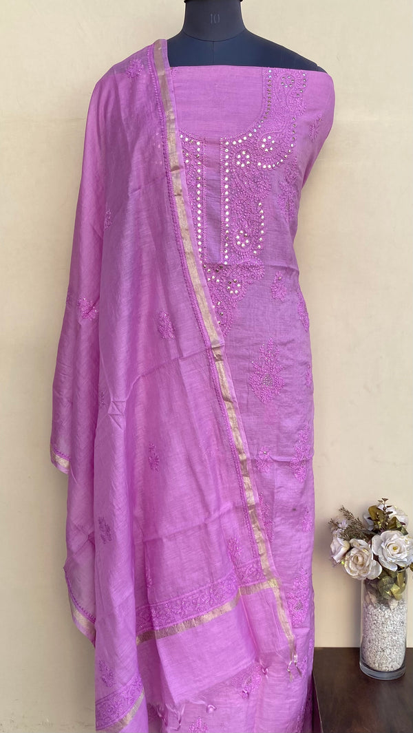 Lucknowi Chikankari Suit Length 2 Piece Purple Mal Chanderi With Mukaish Work