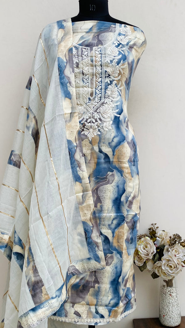 Designer Embroidered Suit Length 3 Piece Blue Mal Cotton