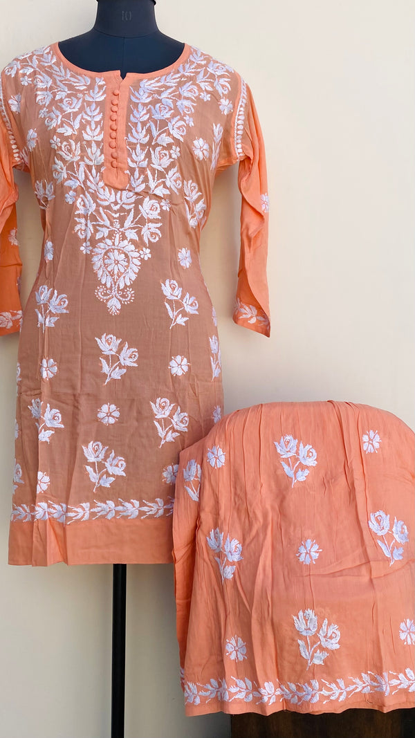 Lucknowi Chikankari Co-ord Set Peach Modal Cotton