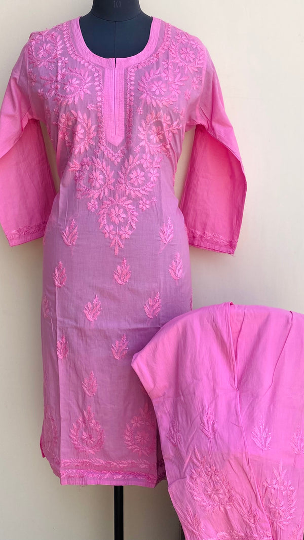 Lucknowi Chikankari Co-ord Set Pink Mulmul Cotton With Self Work