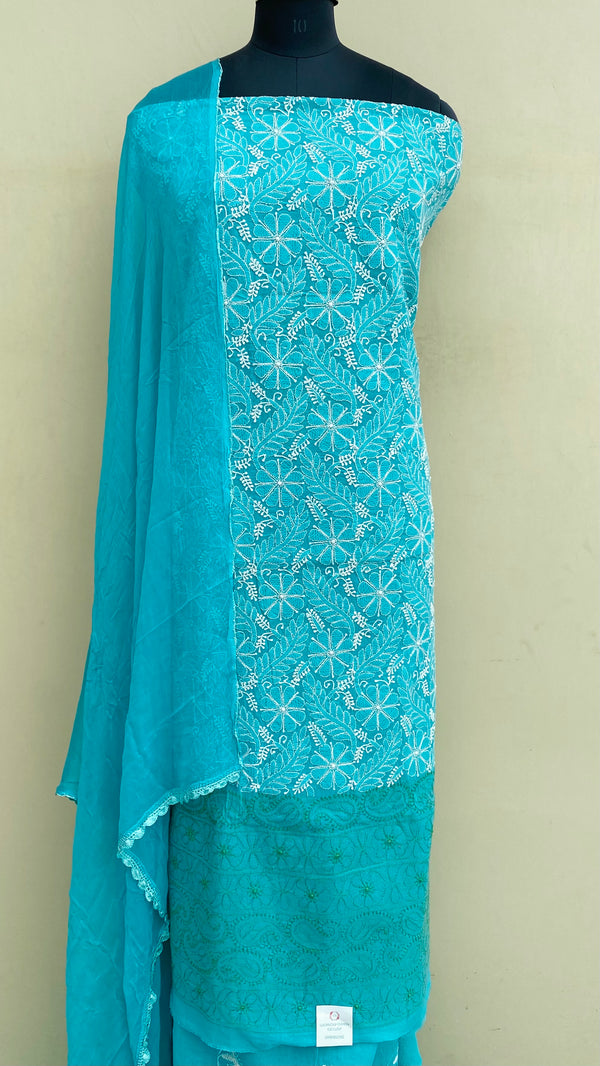 Lucknowi ChikanKari Suit Length 3 Piece Sea Green Cotton