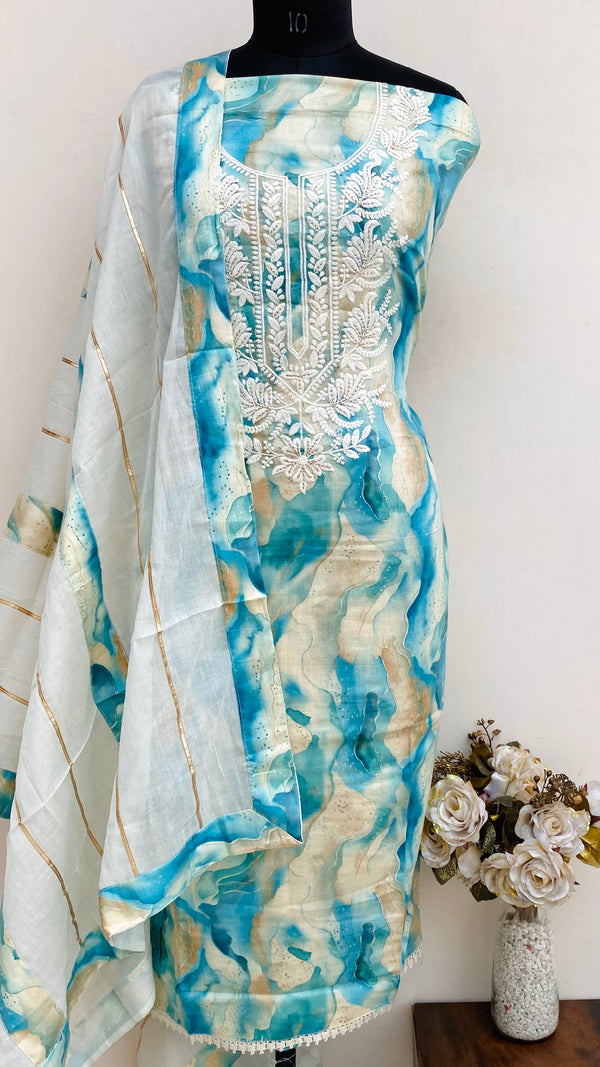 Designer Embroidered Suit Length 3 Piece Blue Mal Cotton