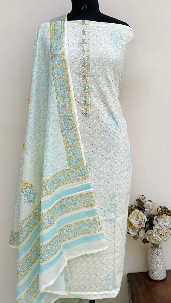 Designer Embroidered Suit Length 3 Piece Cream Mal Cotton With Sequence Work