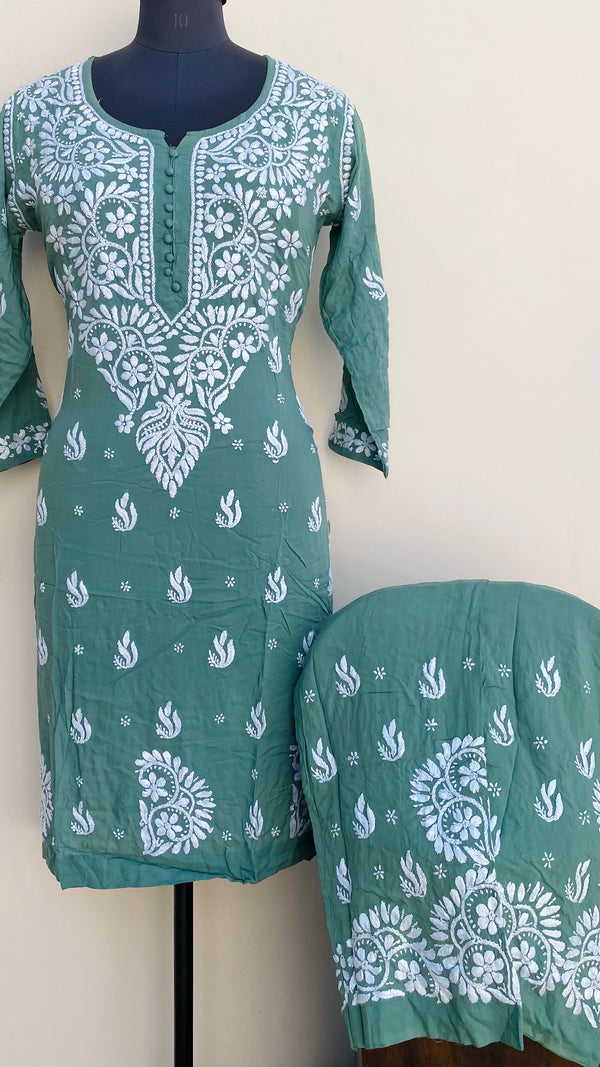 Lucknowi Chikankari Co-ord Set Teal Green Modal Cotton