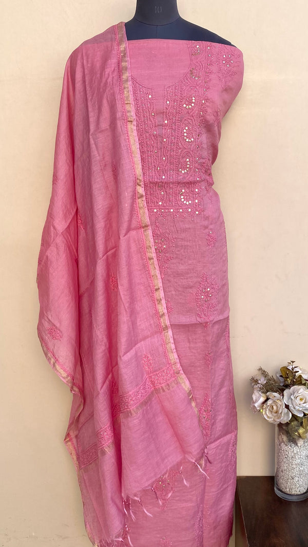 Lucknowi Chikankari Suit Length 2 Piece Pink Mal Chanderi With Mukaish Work