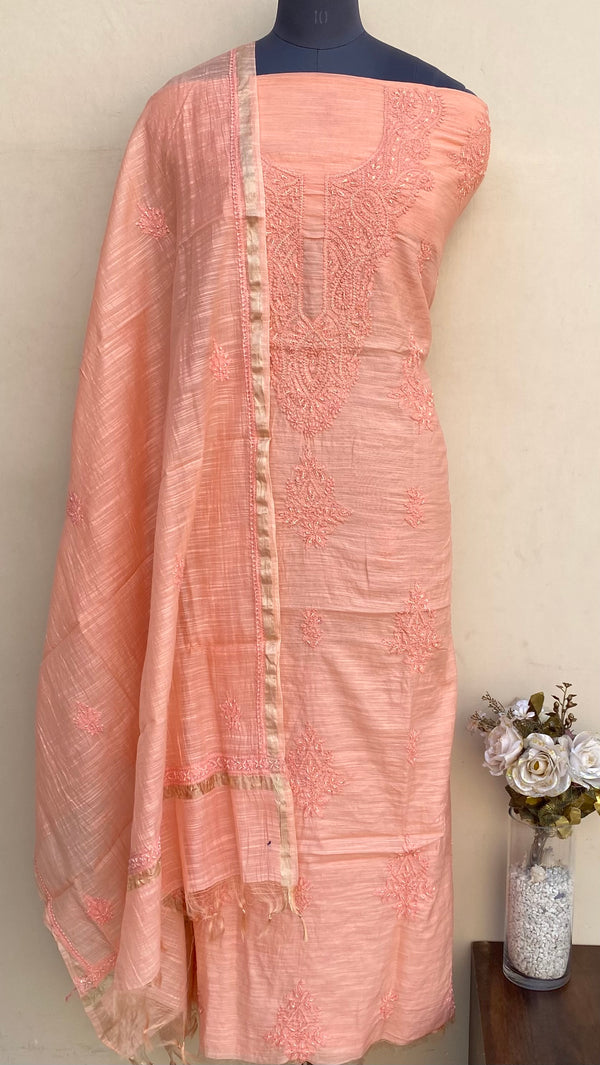 Lucknowi Chikankari Suit Length 2 Piece Peach Mal Chanderi With Pearl & Sequence Work