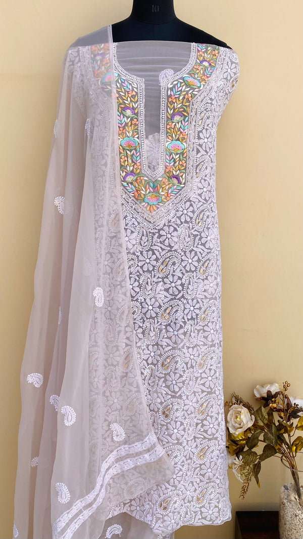 ﻿Lucknowi Chikankari Suit Length 3 Piece Skin Colour Georgette With Parsi & Gotta Patti Work