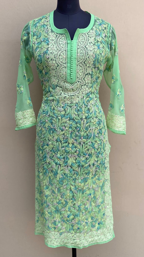 Lucknowi Chikankari Kurti Parrot Green Georgette With Resham Work