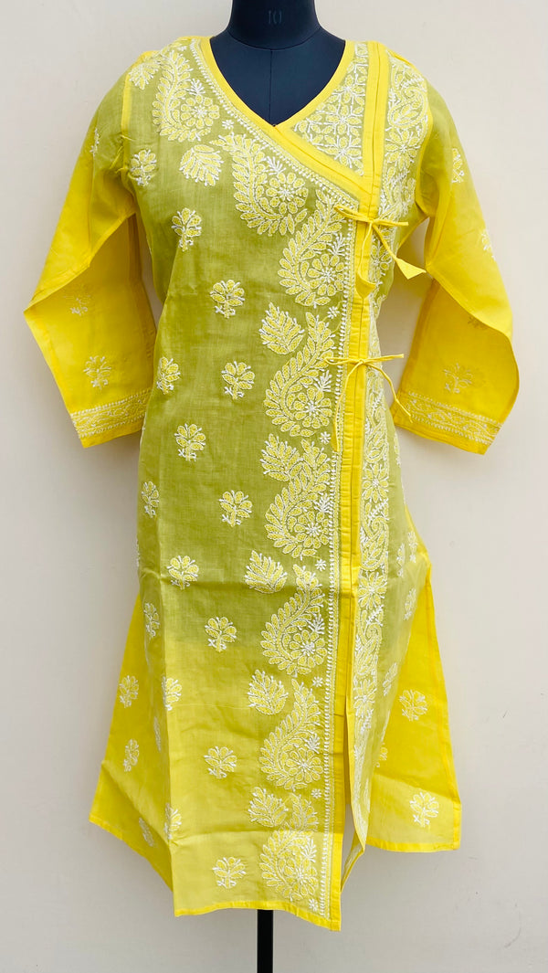 Lucknowi Chikankari Angrakha Kurti Yellow Cotton