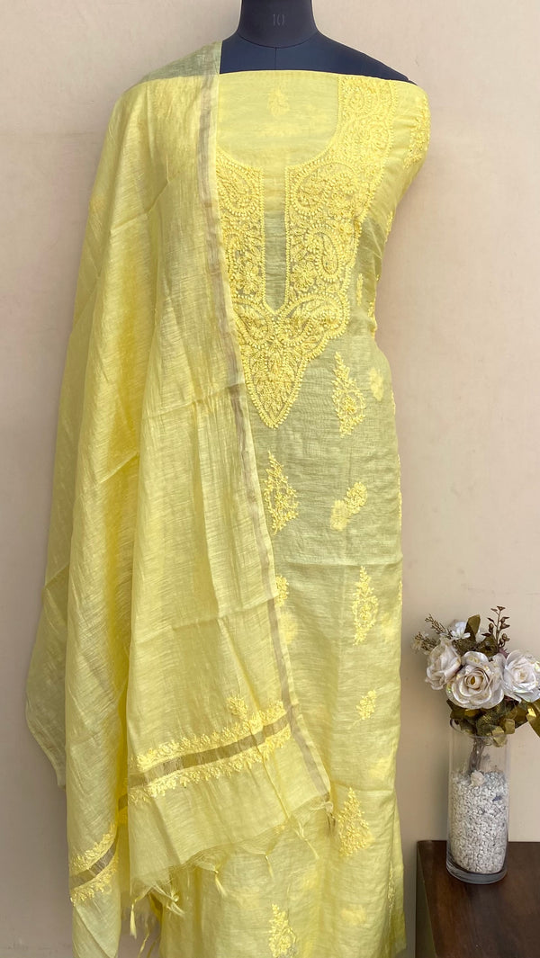 Lucknowi Chikankari Suit Length 2 Piece Yellow Mal Chanderi With Pearl & Sequence Work