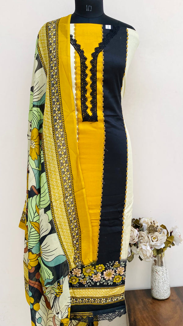 Designer Embroidered Suit Length 3 Piece Multicolour Muslin Cotton