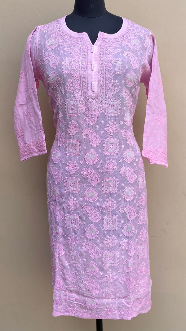 Lucknowi Chikankari Kurti Pink Muslin Cotton With Cutdana & Resham Work