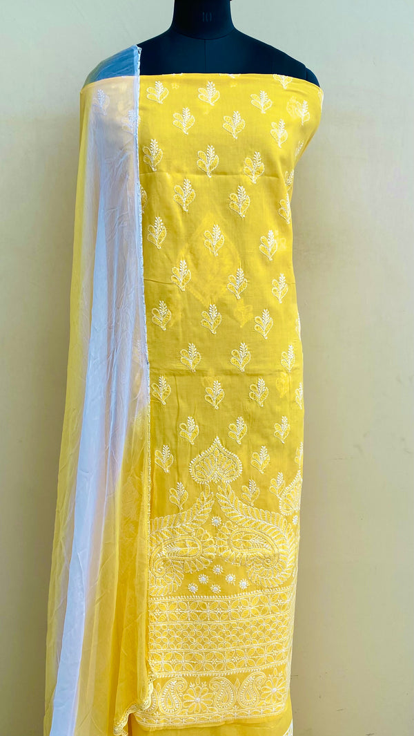 Lucknowi ChikanKari Suit Length 3 Piece Yellow  Cotton