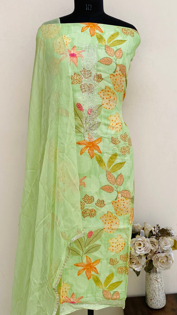 Designer Embroidered Suit Length 3 Piece Parrot Green Muslin Cotton With Sequence Work