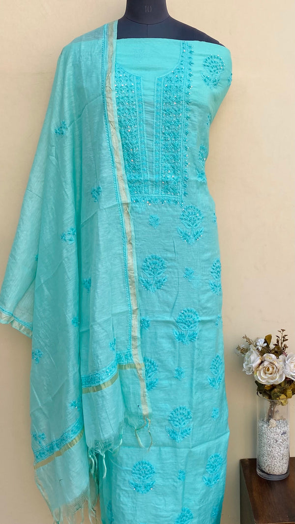 Lucknowi Chikankari Suit Length 2 Piece Blue Mal Chanderi With Pearl & Sequence Work