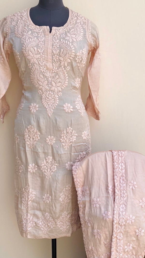 Lucknowi Chikankari Co-ord Set Skin Colour Muslin Cotton With Self 3D Work