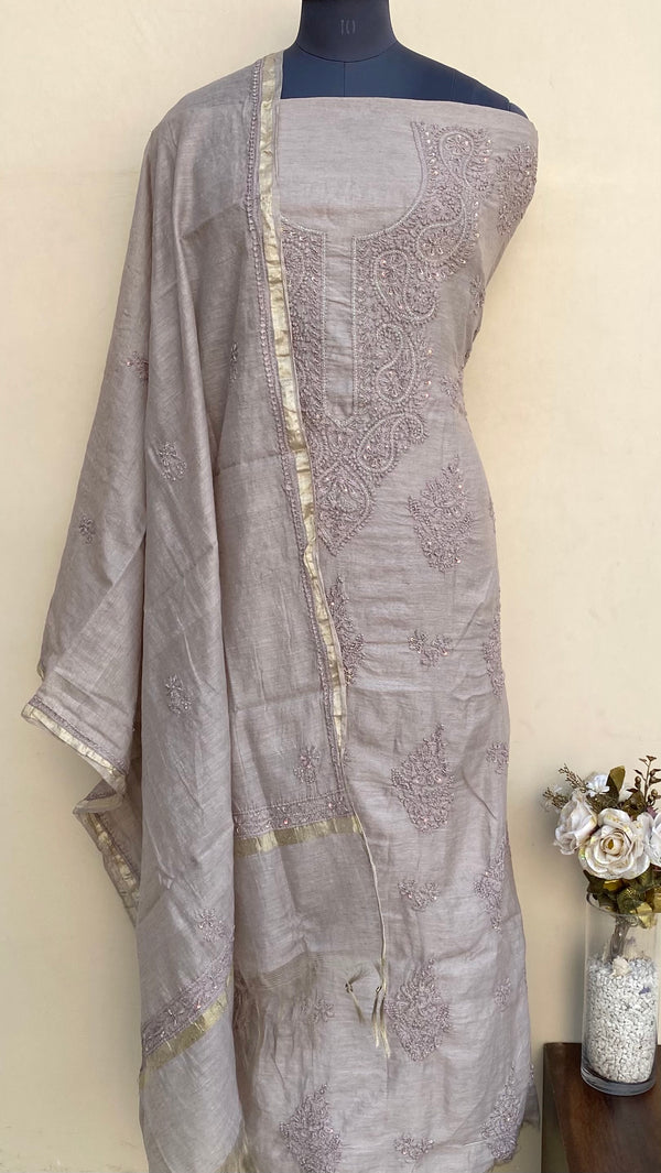 Lucknowi Chikankari Suit Length 2 Piece Gray Mal Chanderi With Pearl & Sequence Work