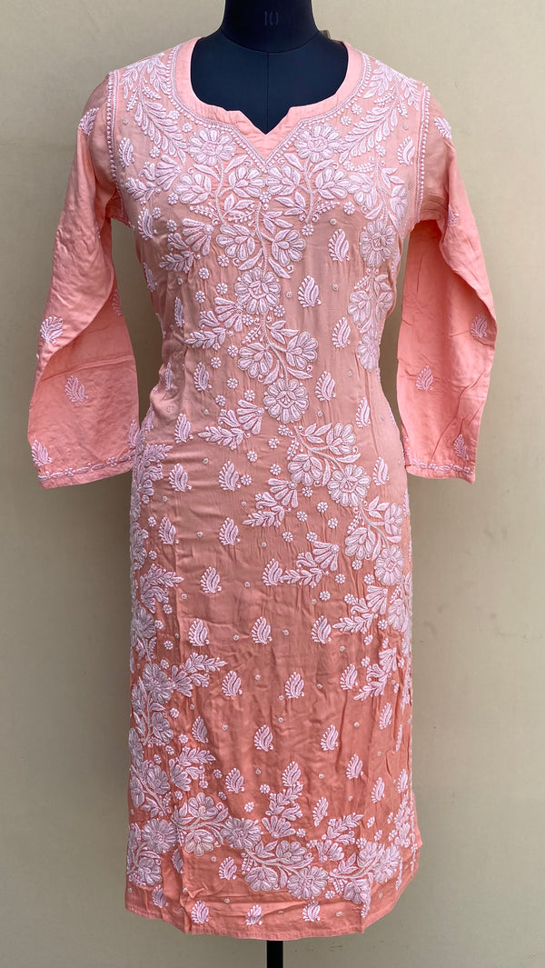 Lucknowi Chikankari Ombre Kurti Peach Modal Cotton With Pearl & Self 3D Work