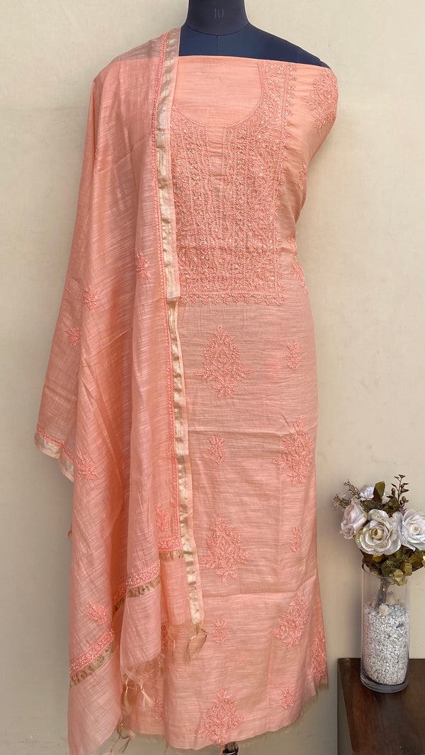 Lucknowi Chikankari Suit Length 2 Piece Peach Mal Chanderi With Pearl & Sequence Work