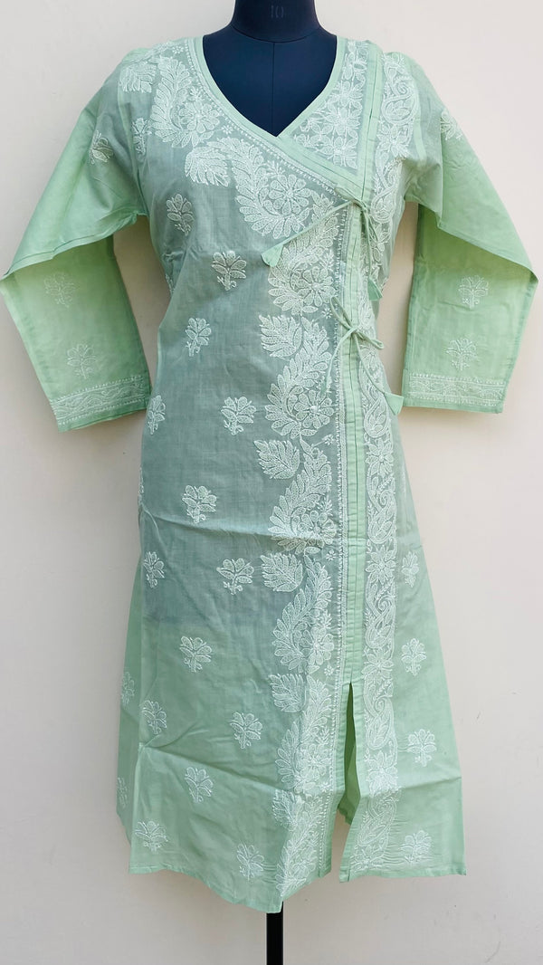Lucknowi Chikankari Angrakha Kurti Teal Green Cotton
