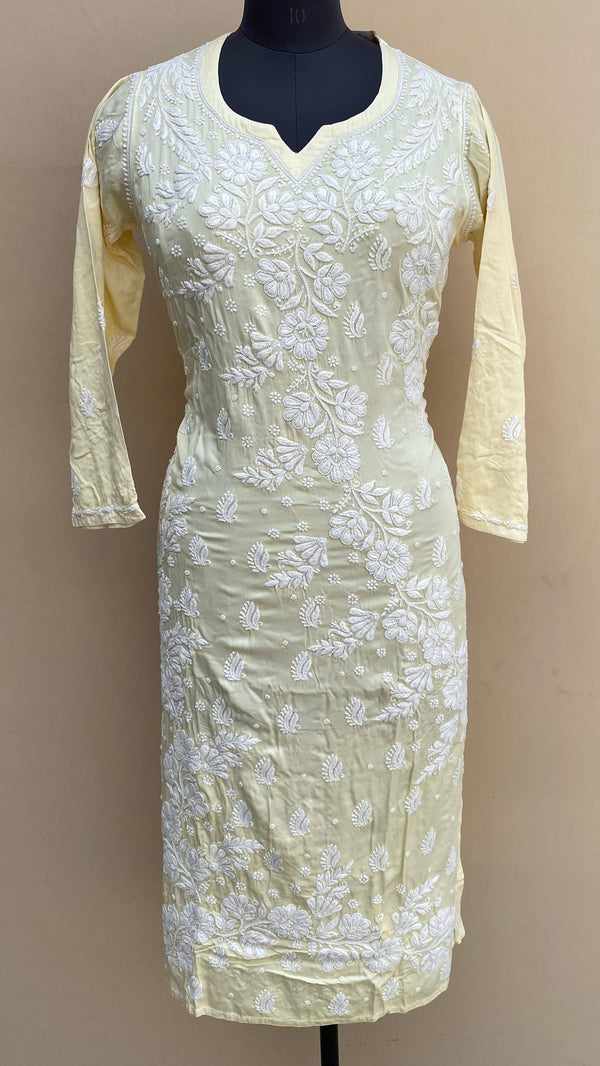Lucknowi Chikankari Kurti Lemon Yellow Modal Cotton With Pearl & Self 3D Work