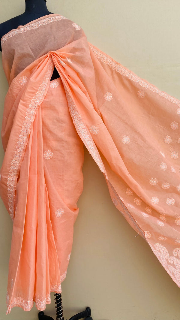 Lucknowi Chikankari Saree Peach Cotton