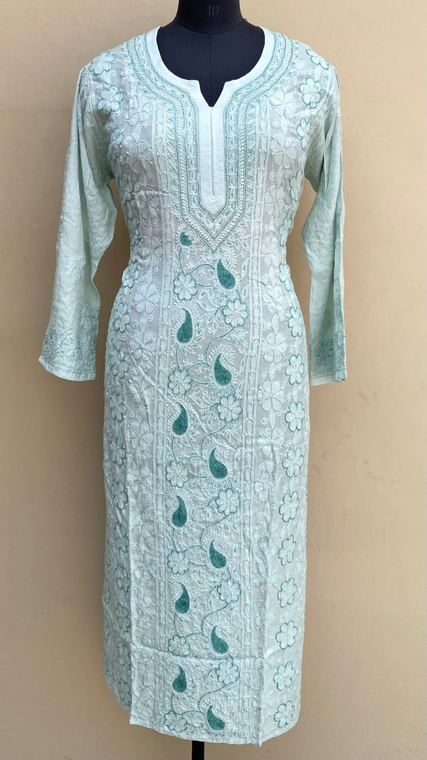 Lucknowi Chikankari Kurti Sea Green Muslin Cotton With Cutdana & Resham Work