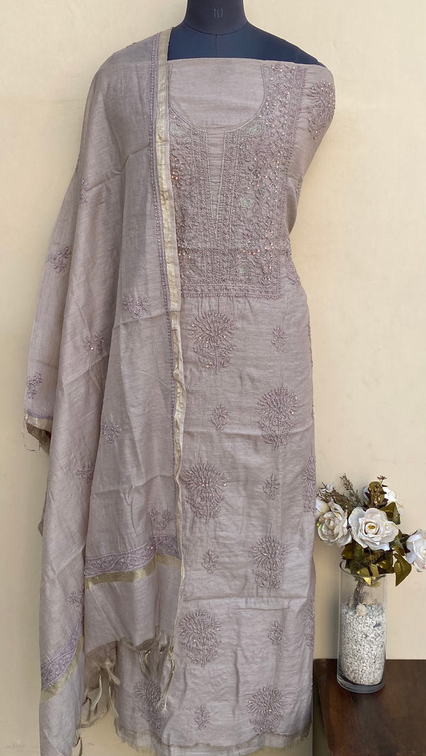 Lucknowi Chikankari Suit Length 2 Piece Gray Mal Chanderi With Pearl & Sequence Work