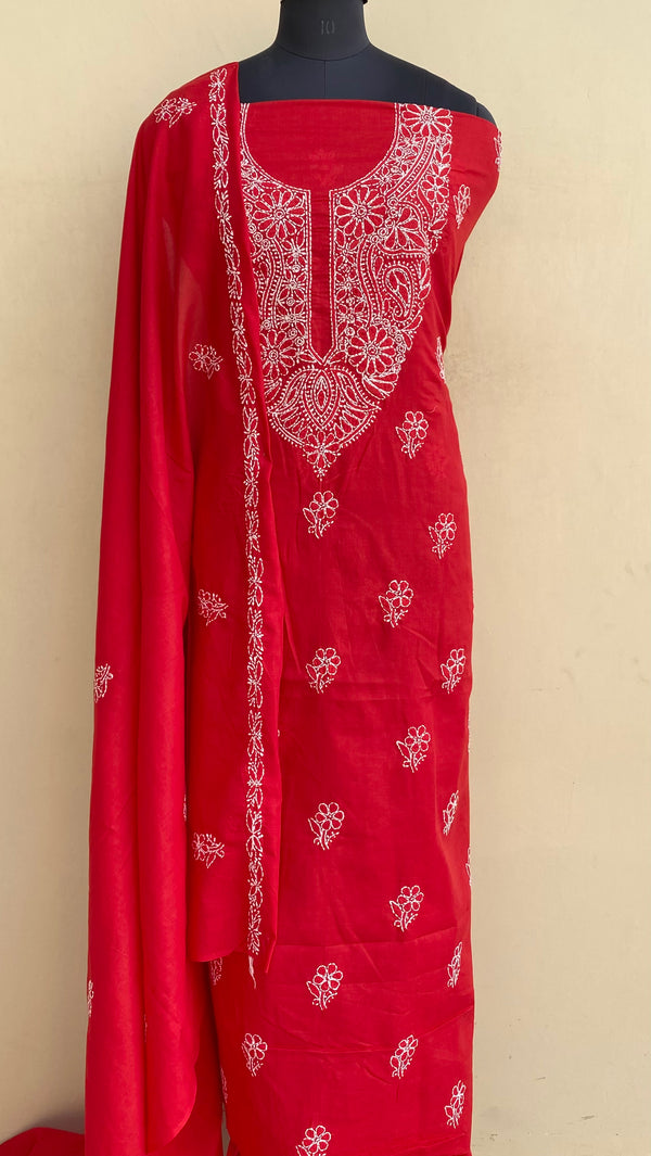 Lucknowi Chikankari Suit Length 3 Piece Red Cotton With Embroidered Cotton Dupatta