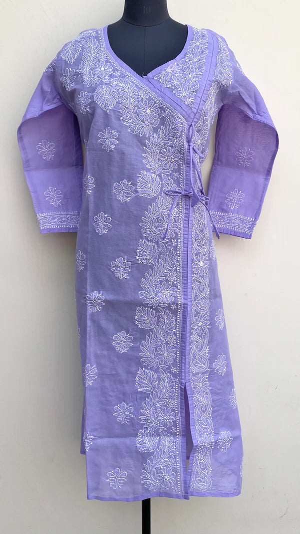 Lucknowi Chikankari Angrakha Kurti Purple Cotton