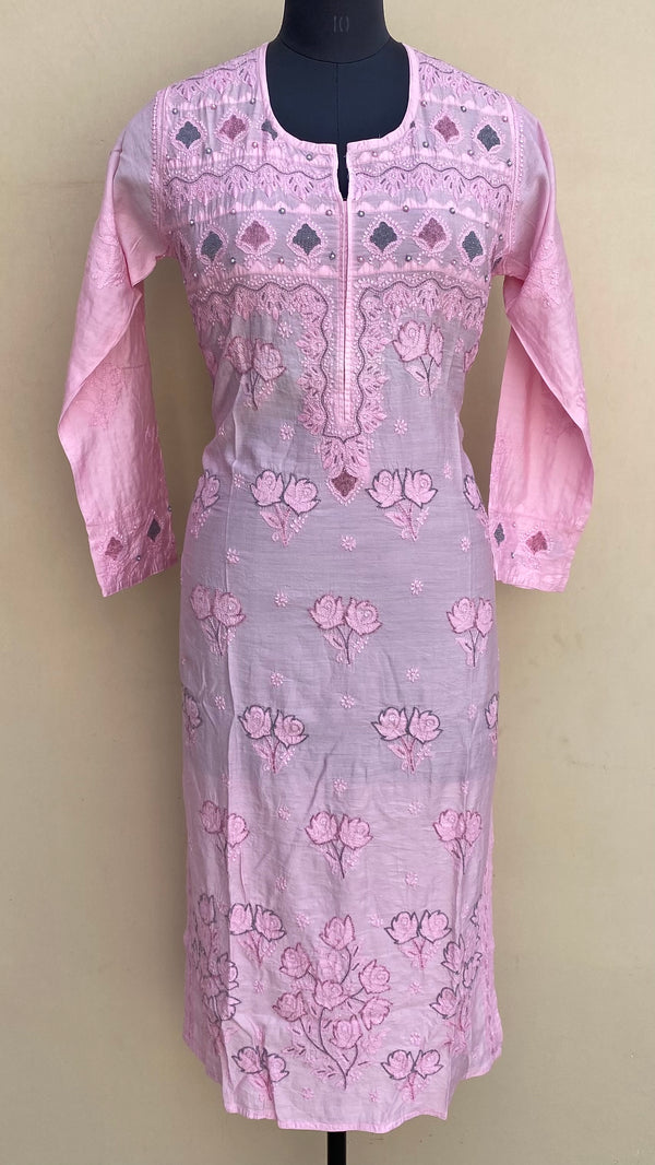 Lucknowi Chikankari Kurti Pink Muslin Cotton With Cutdana,Pearl,Resham & Applique Work