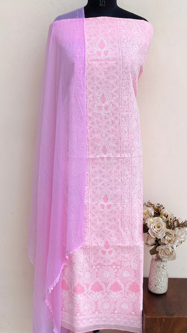Lucknowi Chikankari Suit Length 3 Piece Pink Cotton With Jaali Work