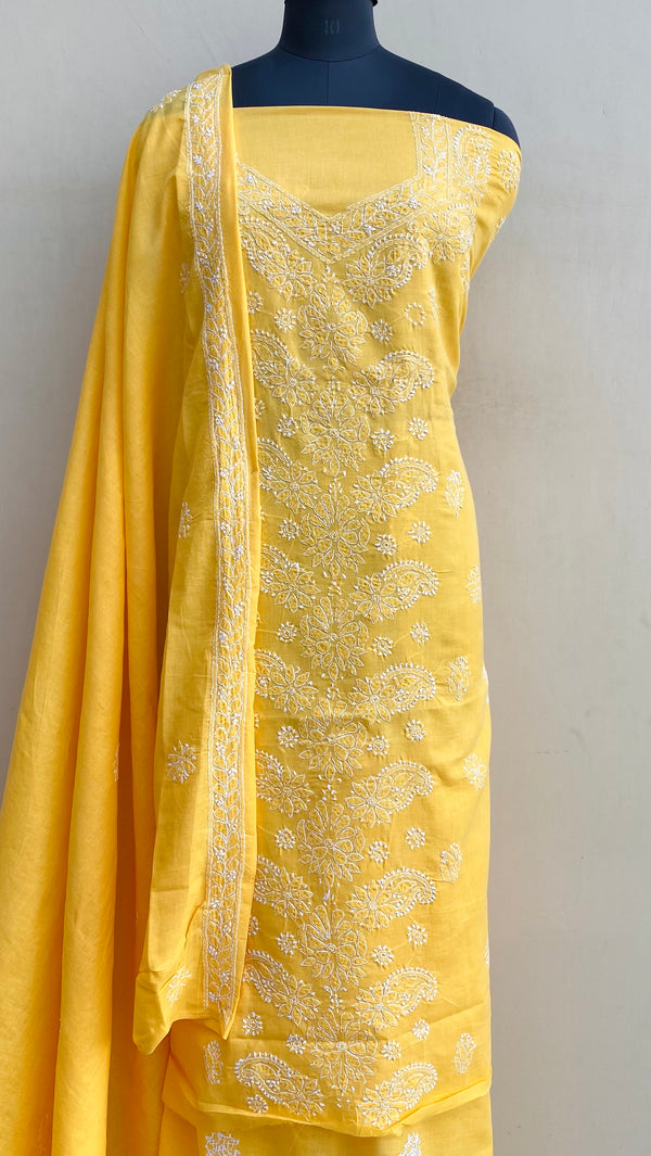 Lucknowi Chikankari Suit Length 3 Piece Yellow Cotton With Embroidered Cotton Dupatta