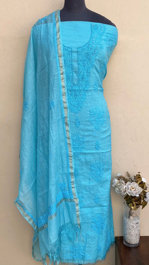 Lucknowi Chikankari Suit Length 2 Piece Blue Mal Chanderi With Pearl & Sequence Work