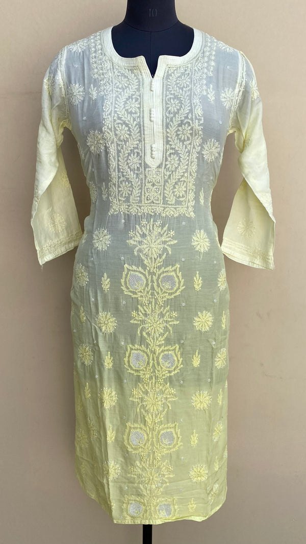 Lucknowi Chikankari Ombre Kurti Lemon Yellow Muslin Cotton With Cutdana & Resham Work