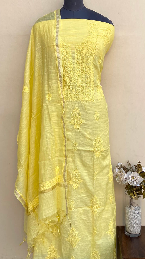 Lucknowi Chikankari Suit Length 2 Piece Yellow Mal Chanderi With Pearl & Sequence Work