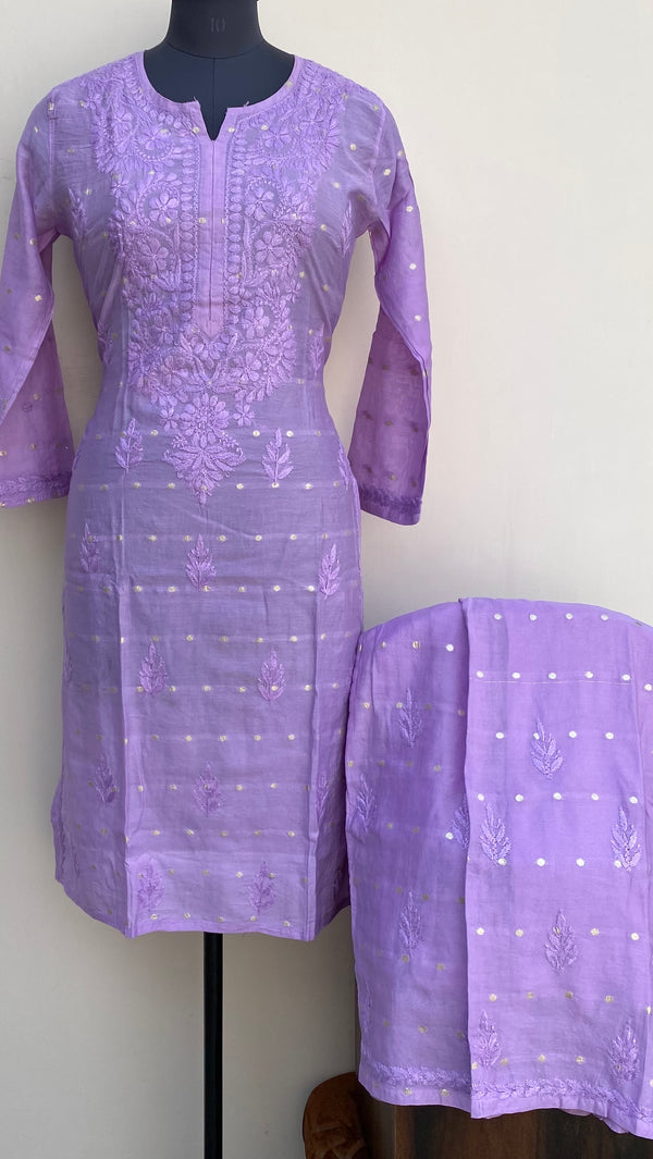 Lucknowi Chikankari Co-ord Set Purple Mal Chanderi With Self Work