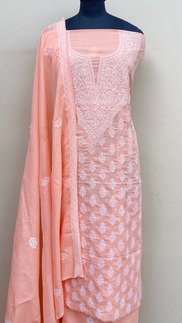 Lucknowi ChikanKari Suit Length 3 Piece Peach Cotton With Embroidered Cotton Dupatta