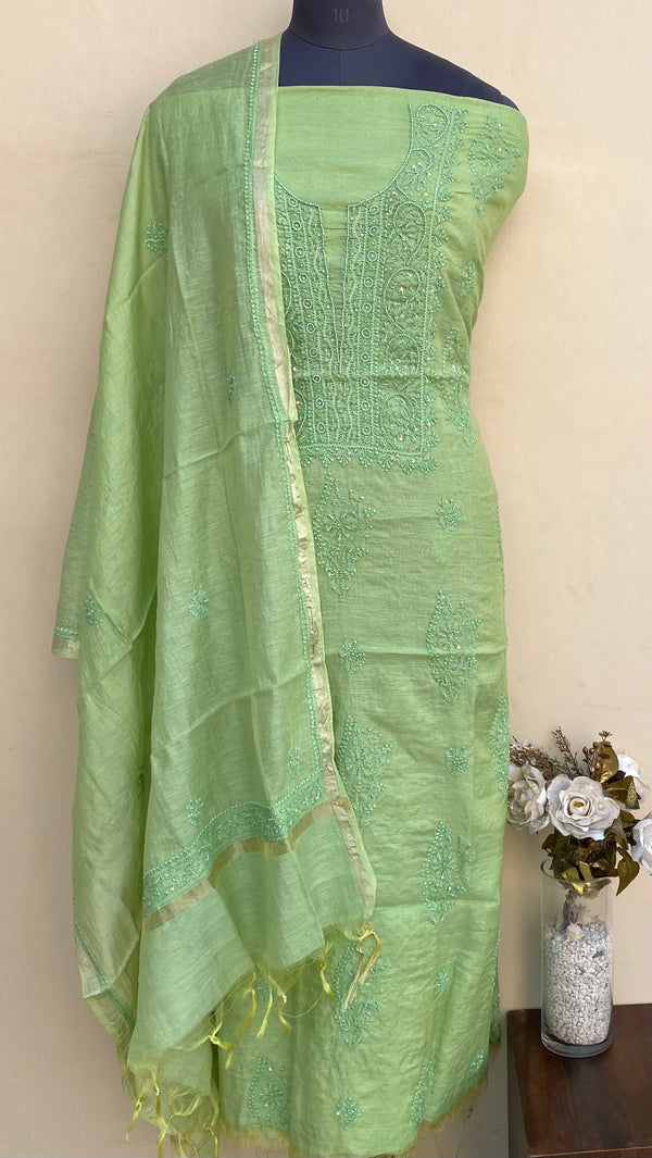 Lucknowi Chikankari Suit Length 2 Piece Green Mal Chanderi With Pearl & Sequence Work