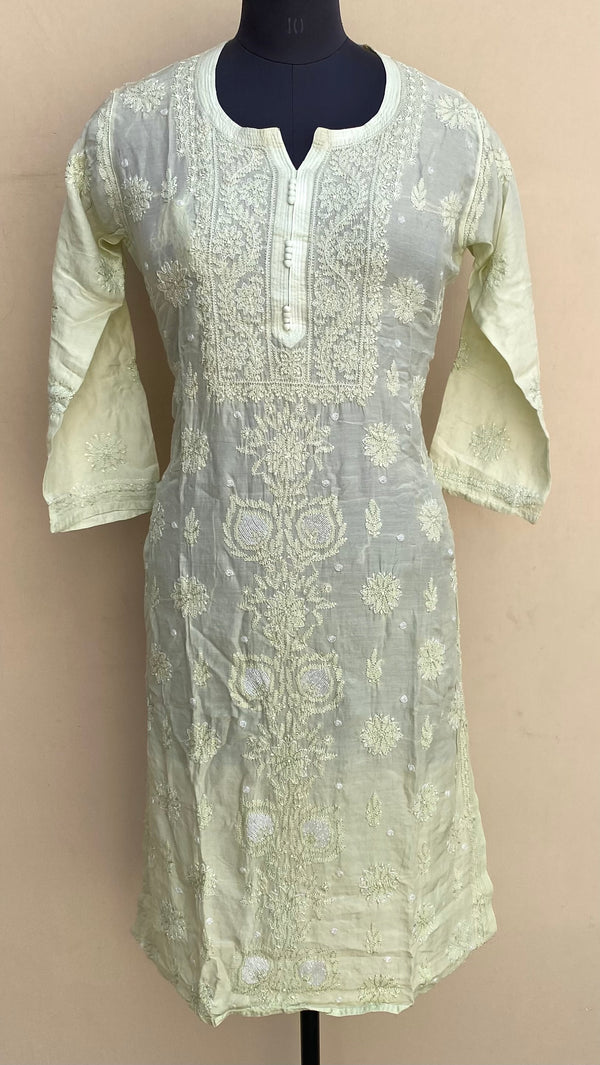 Lucknowi Chikankari Ombre Kurti Pista Green Muslin Cotton With Cutdana & Resham Work