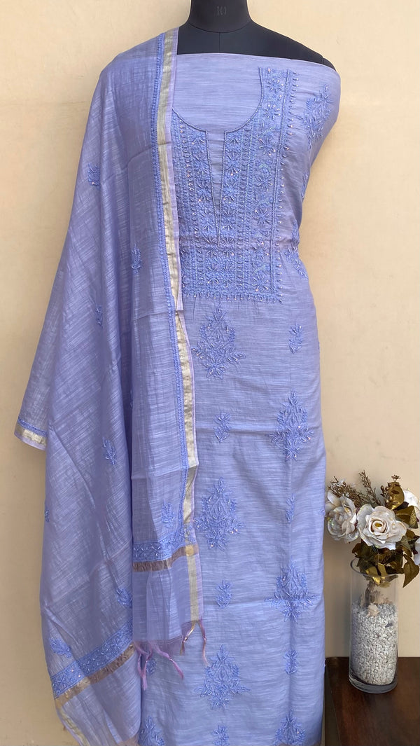 Lucknowi Chikankari Suit Length 2 Piece Blue Mal Chanderi With Pearl & Sequence Work